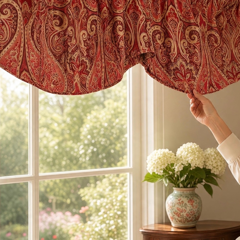 Target Home Scalloped Swag Window Valance Red Orange Paisley Lined 52.5x17 set 3